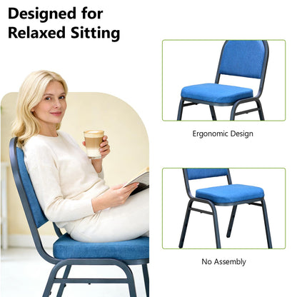 MAKE CHANGES Stackable Banquet Dining Chairs 4 Pack, Upholstered Crown Back Event Chairs with Blue Fabric Seat, Heavy Duty Steel Frame, 300 lb Capacity, No Assembly, for Restaurant Wedding Conference