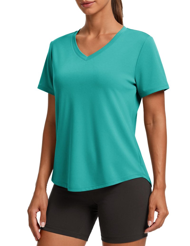 PINSPARK Moisture Wicking Shirts for Women Short Sleeve V Neck Quick Dry Workout Tops Athletic Gym Running T-Shirts Cooling,Teal Small