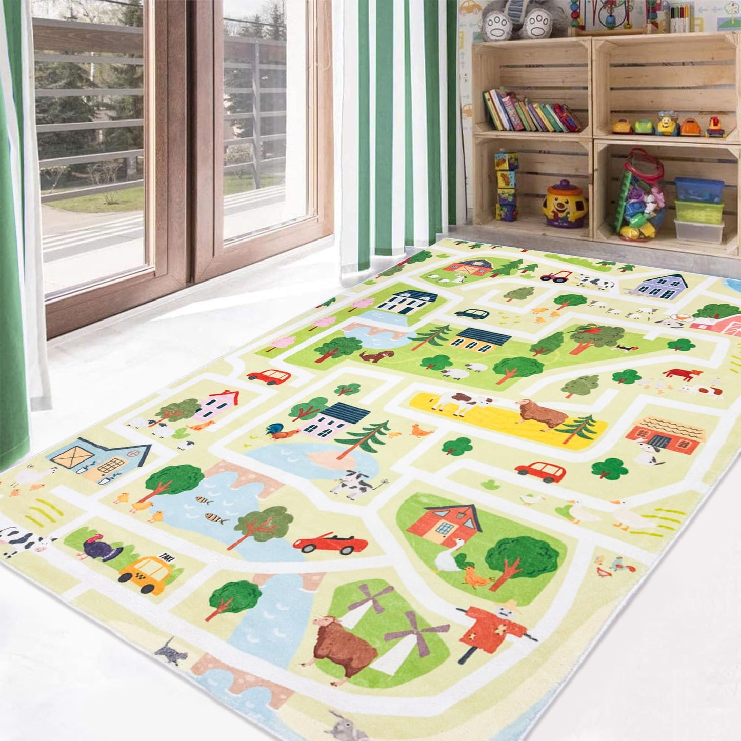 Lacomfy Kids Rug 4x6 Large Farm Animal Area Rug Traffic Road Children Play Mat for Playroom Nonslip Toy Cars Mat Farm Animals Zoo Road Kids Rug for Classroom Bedroom, Green