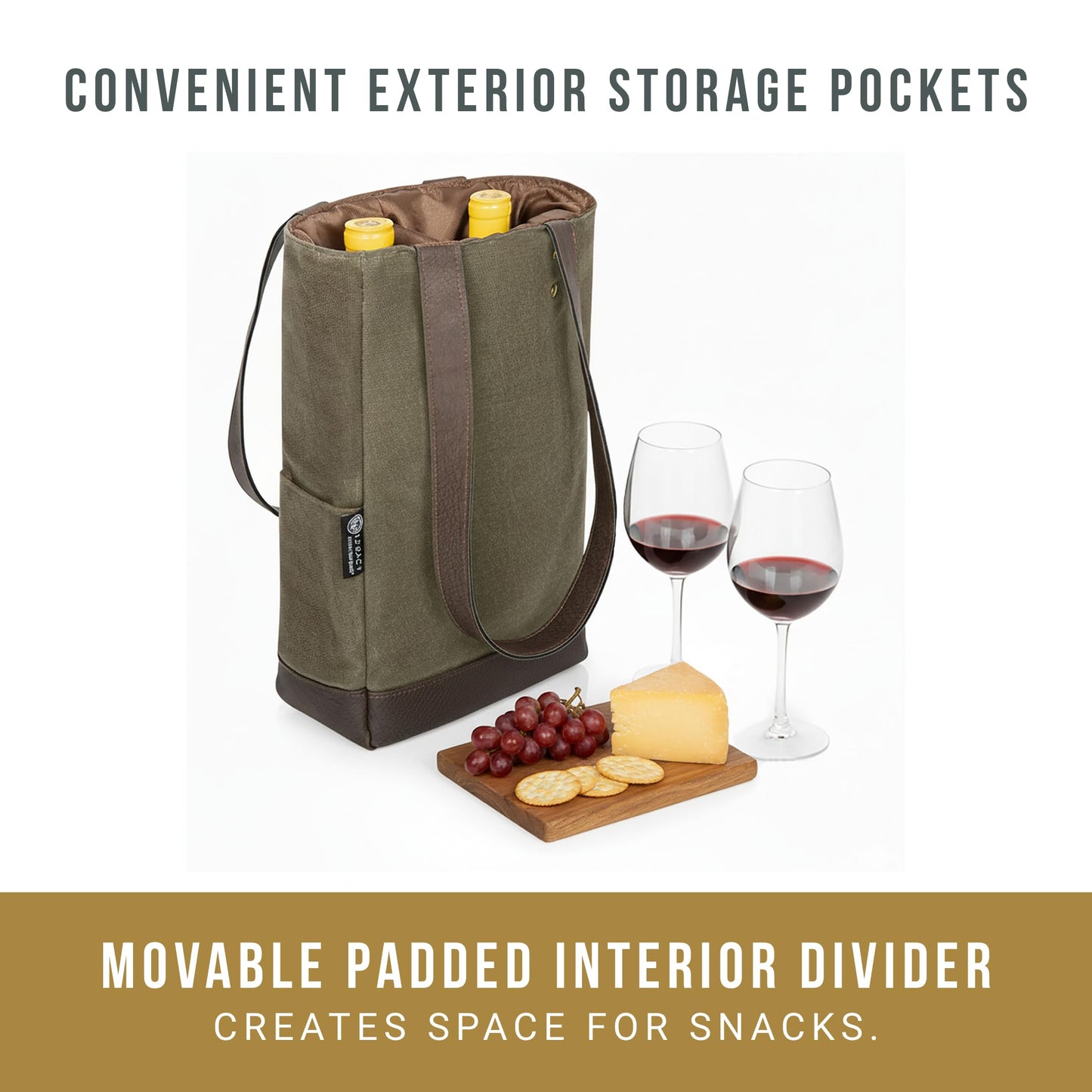Legacy - a Picnic Time Brand, 2-Bottle Insulated Wine Bag, Distressed Waxed Canvas Wine Tote Bag, Wine Gift Bag