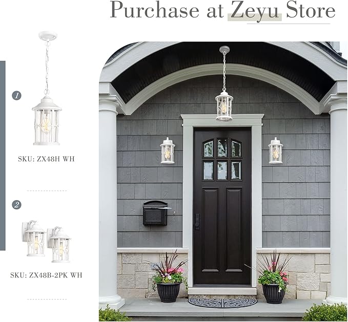 zeyu 2 Pack Outdoor Wall Sconce Lights, Modern Farmhouse Outdoor Porch Lights for House, Die-Cast Aluminum in White Finish, Seeded Glass Shade, ZX48B-2PK WH