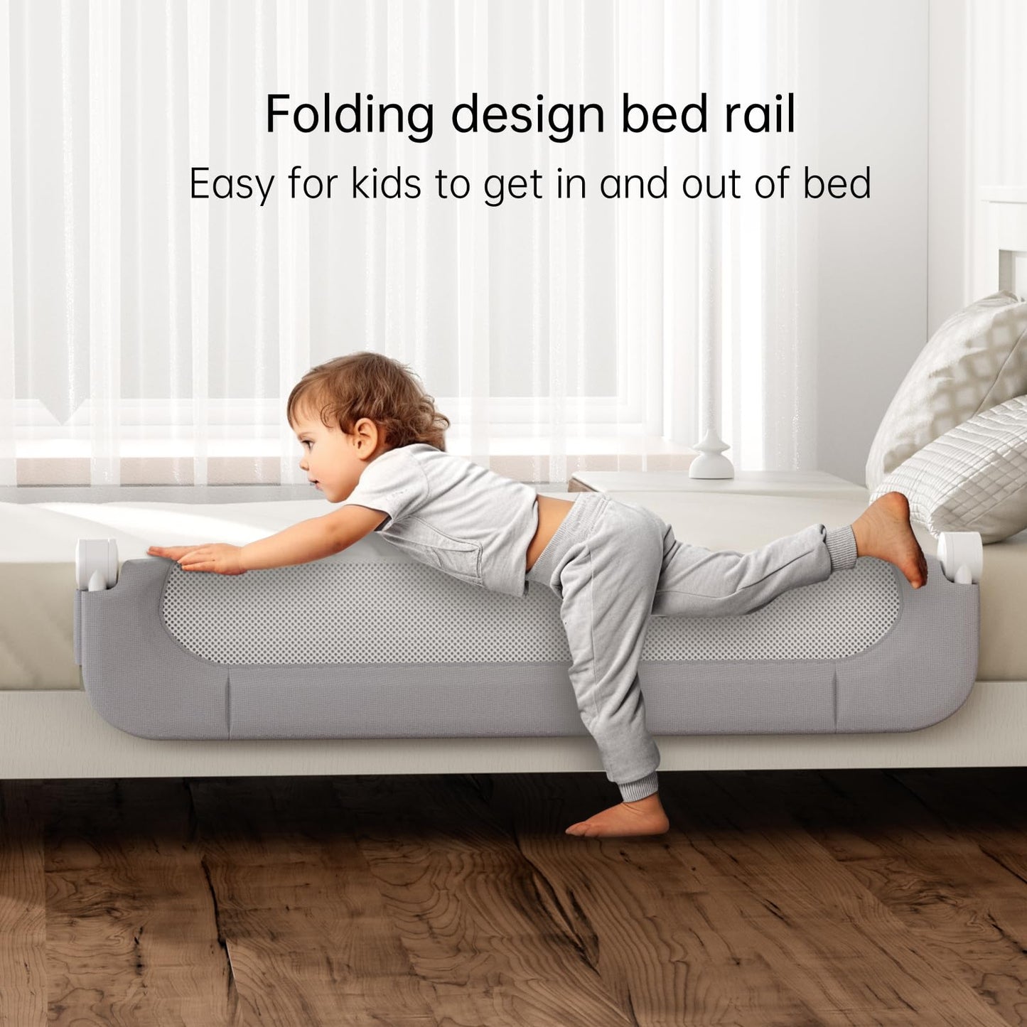 UPGOGO Folding Bed Rail for Toddlers,Baby Bed Rail Guard with Reinforced Anchor Safety System,Fit Bunk,Full Size,Queen,King,Twin(Grey,71"x23.6")