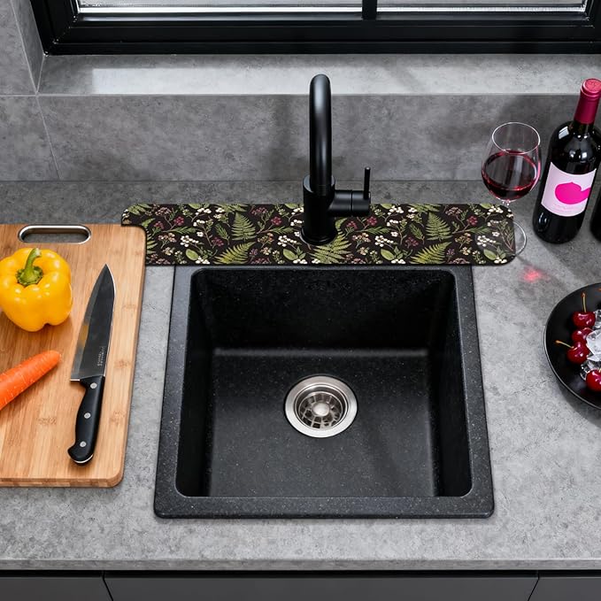 2 Pcs Kitchen Sink Splash Guard Faucet Mats Vintage Fern and Berries Pattern