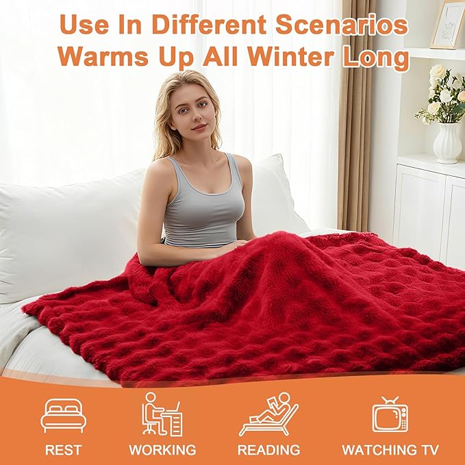 Heated Blanket Electric Throw Blanket 84''X 90''-Heating Blanket with 6 Heat Settings-10 Hours Auto Off,Cozy Faux Rabbit Fur Bubble Electric Blanket,Red