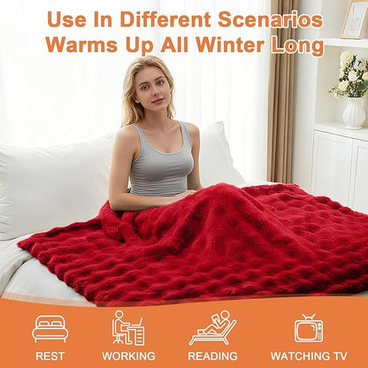 Heated Blanket Electric Throw Blanket 84''X 90''-Heating Blanket with 6 Heat Settings-10 Hours Auto Off,Cozy Faux Rabbit Fur Bubble Electric Blanket,Red