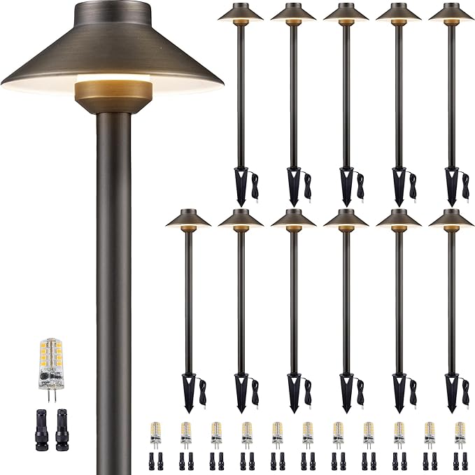 Gardenreet Brass Low Voltage Path Lights, 12V Landscaping Pathway Light IP65 Waterproof, Wired Walkway Lighting Outdoor, LED Bronze for Lawn Backyard with 3W 3000K Soft White G4 Bulb (12 Pack)