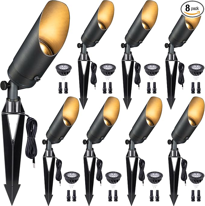 Gardenreet Brass Spot Light Low Voltage - Outdoor Landscape Spotlights, 12V Landscaping LED Uplights, Hard-Wired All Weather Bronze for Backyard Lawn with Day Light Changeable Bulbs (8 Pack)