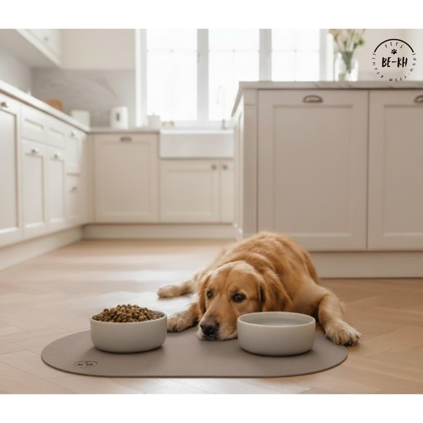BE-KH Absorbent Pet Feeding Mat for Dogs & Cats, Quick Dry Dog Bowl Mat for Food and Water, Ultra-Thin, Non-Slip Rubber & Polyester, Waterproof & Machine Washable, Classic Paws, 24x16 in (60x40 cm)