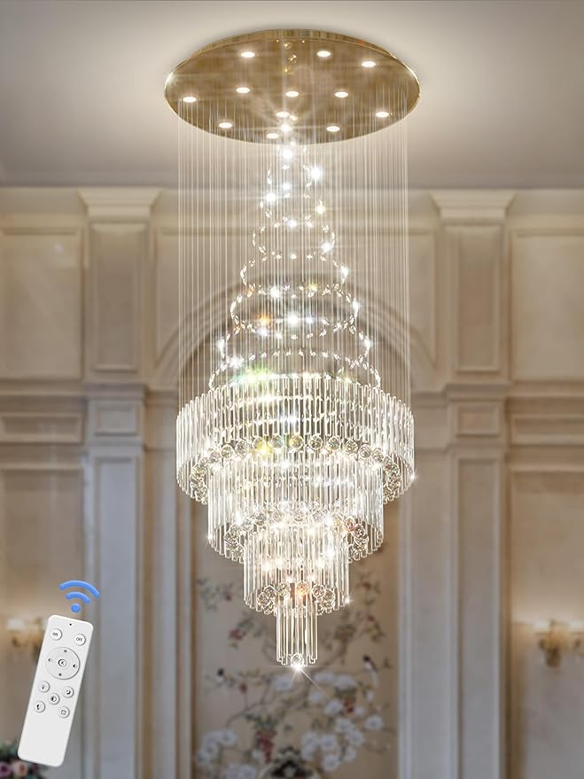 D32''X H110'' Modern Crystal Raindrop Gold Chandelier Lighting for Entrance, Stairs, Doorway, Crystal Ornament Chandelier Can be Used on Sloping Ceiling