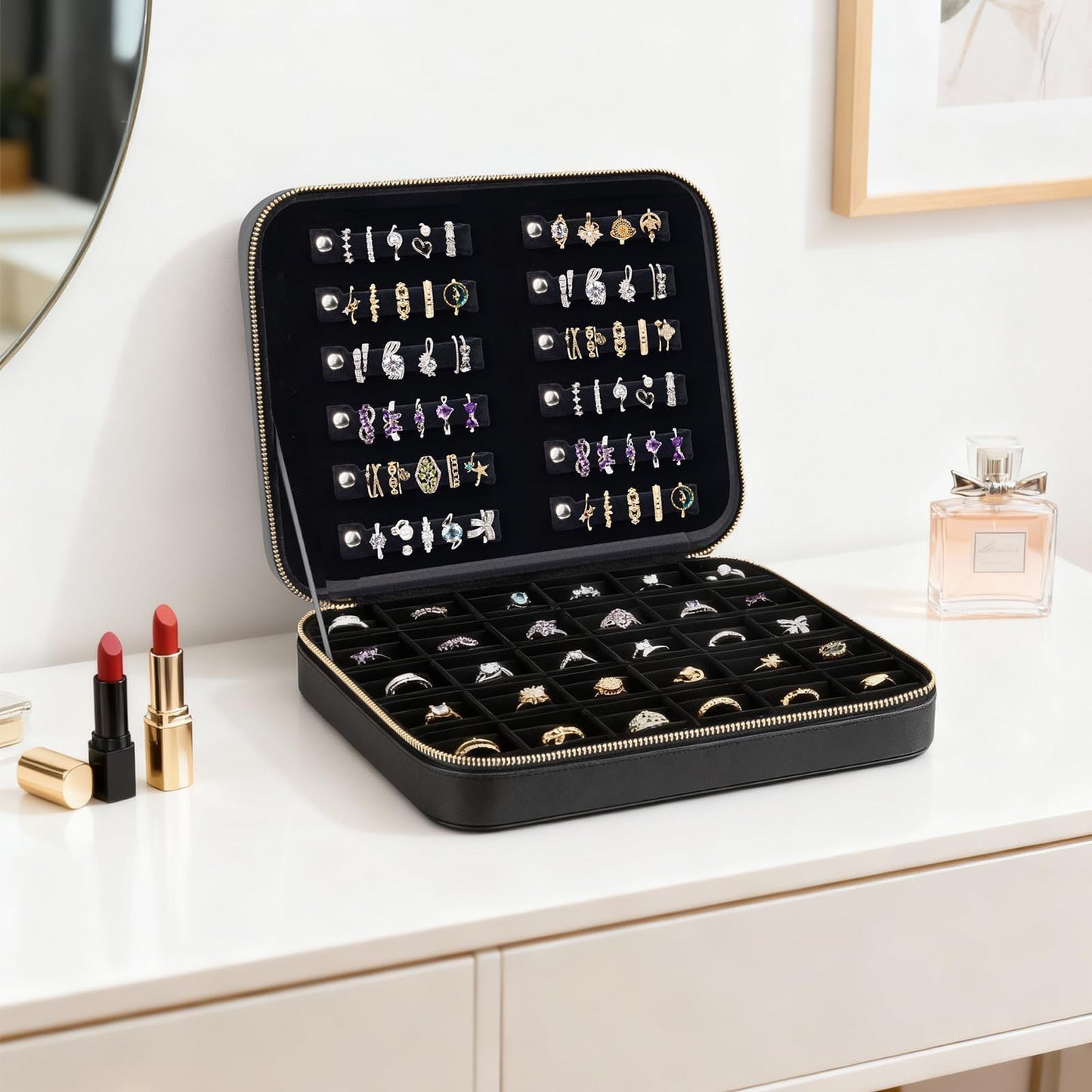 Luxury Velvet Ring Storage Organizer Case, Leather Ring Holder for Women/ Girls/ Mothers/ Wife, Portable Jewelry Display Box with Large Capacity for 90+ Rings, Earrings, Necklaces - Black(Case Only)