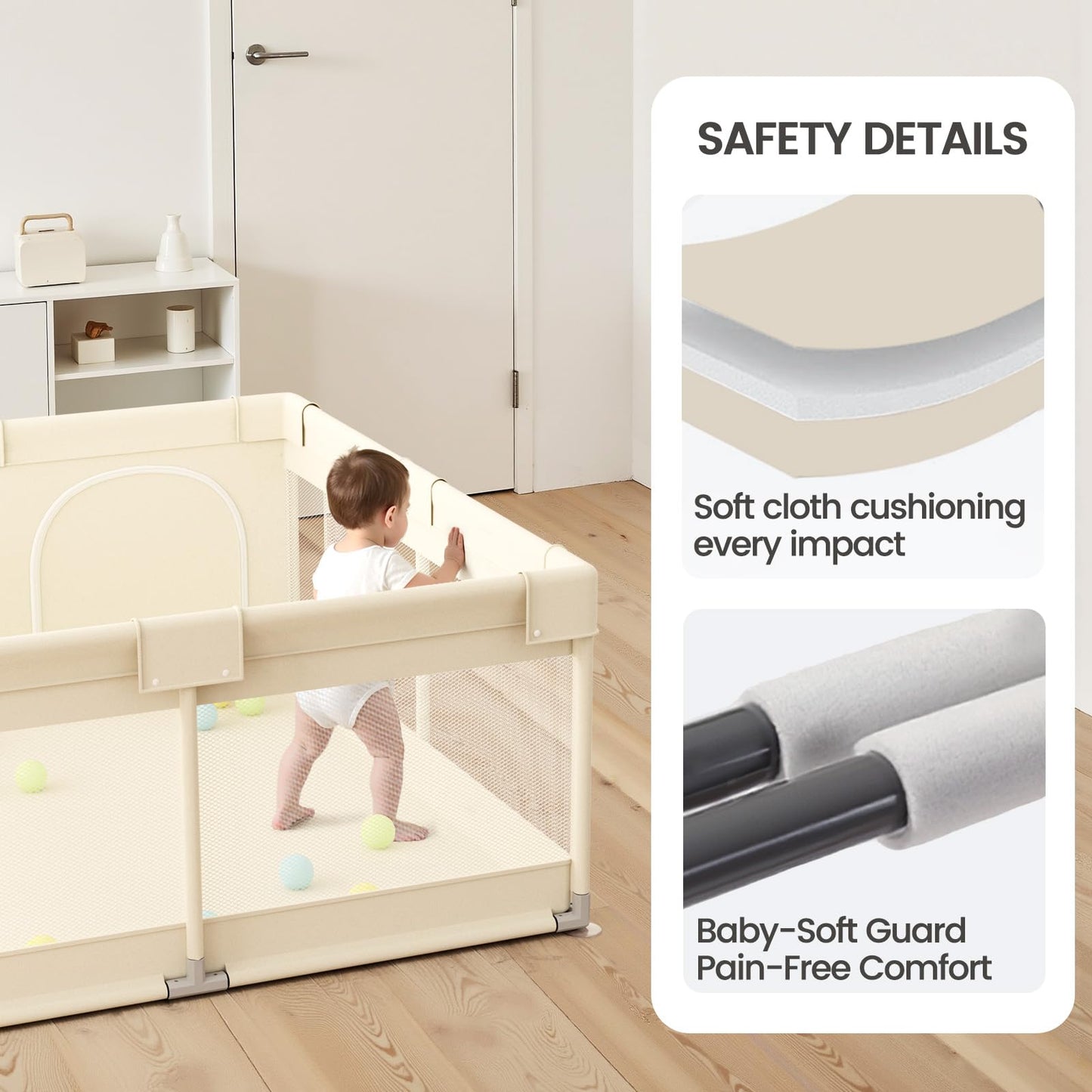 Uanlauo Beige Small Baby Playpen - 47x47in Playpen for Babies and Toddlers, Safe Indoor Play Pen, Baby Pen with Storage Bag and Breathable Mesh