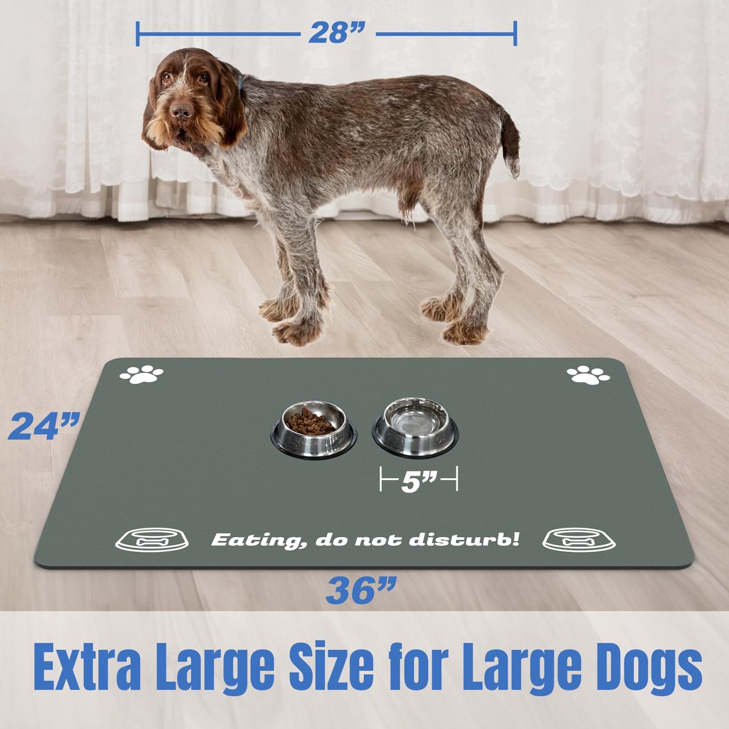 Plentio Extra Large Pet Food Mat, 36" x 24", Absorbent Dog Mat for Food and Water, Non-Slip Feeding Tray for Cat and Dog Bowls, Floor Protector for Spills, Gray