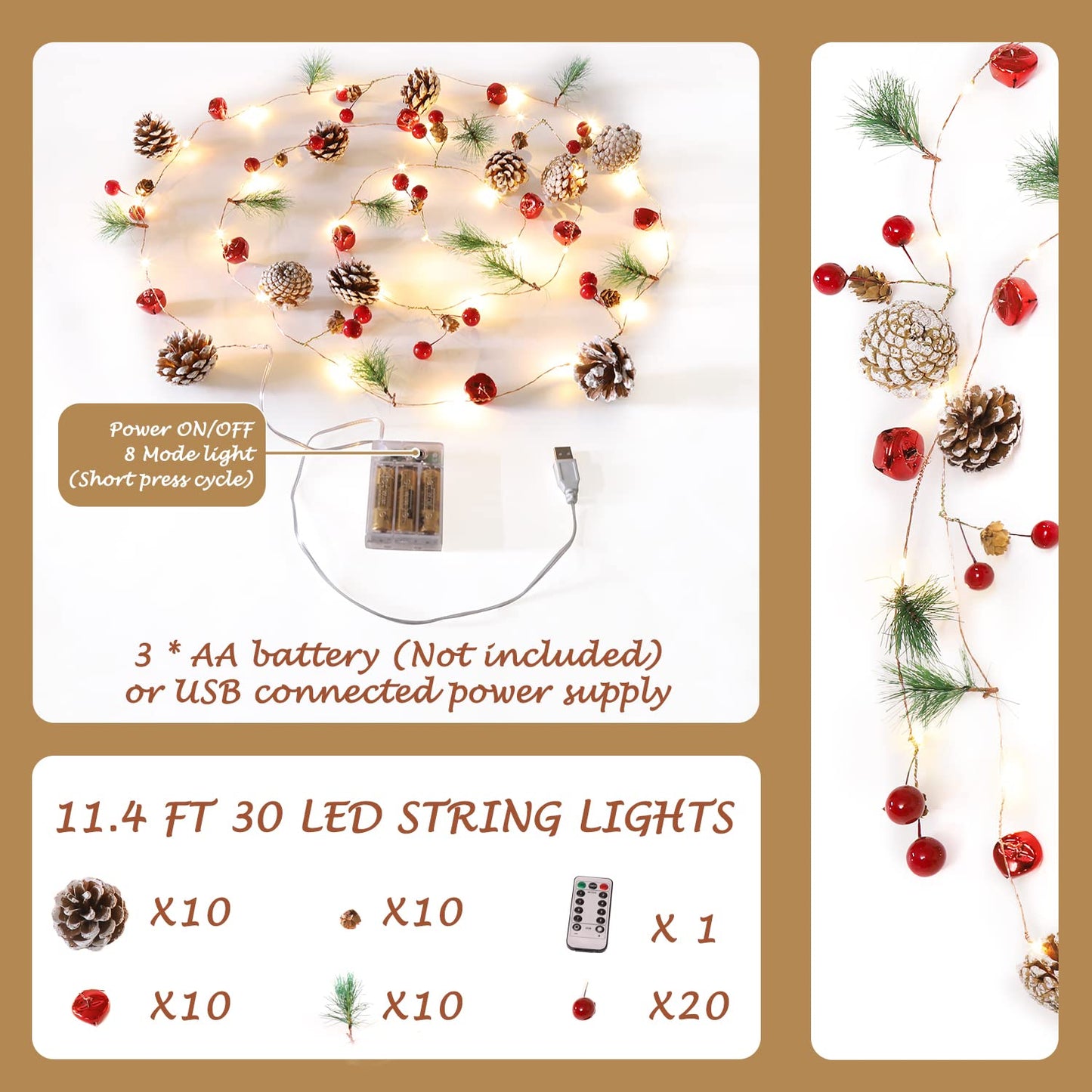 Christmas Garland with String Lights 10 Ft 30 LED Pine Cone Red Berry Bells Garland Lights, Indoor Christmas Decorations for Home and Fireplace Mantel Decor (Yellow)