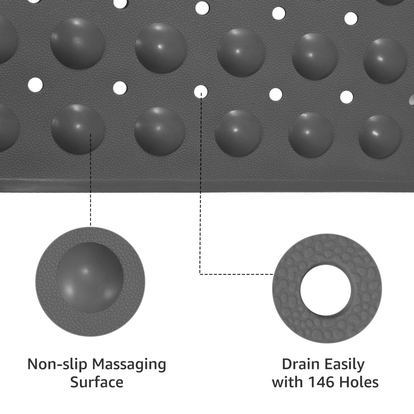 WarmSnow（TPE） Long Bathtub Mat Non Slip 39.5 x 16 Inch, Inside Shower Mats with Suction Cups & Drain Holes, Soft TPE Bath Mat for Tub, Quick-Drain Bathroom Floor Mats, Dark Gray