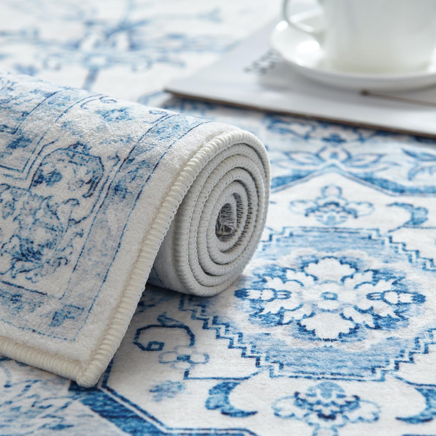 jinchan Area Rug 5x7 Medallion Floral Washable Rug Non Slip Vintage Soft Carpet for Living Room Bedroom Dining Room Distressed Blue
