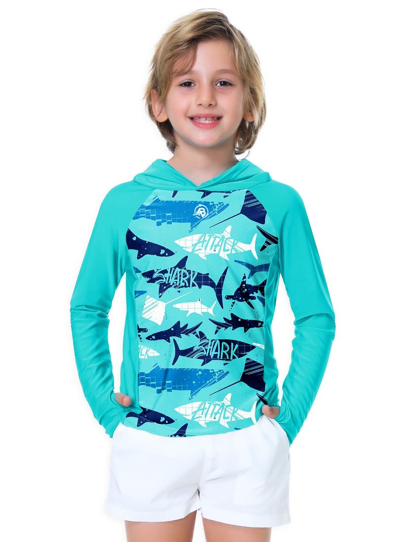 Kids Hooded Swim Top Boys Shark Print Sun Shirt Rash Guard Uv Protection Athletic SPF Shirts Aqua 7-8 Years