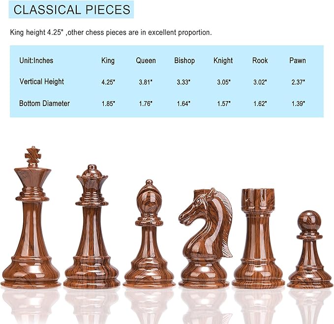 AMEROUS High Polymer Weighted Chess Pieces with 4.25'' King - 2 Extra Queens - Gift Package Standard Tournament Chessmen for Chess Board or Replacement of Missing Pieces (Chess Pieces Only)