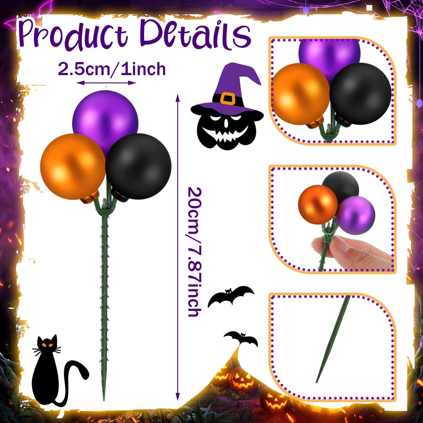 Syhood 12 Set 7.9 Inch Halloween Ball Picks Shatterproof Purple Orange and Black Mini Ball Ornaments on Wired Picks Stems for Halloween Christmas Tree Garland Vase DIY Decoration Supplies