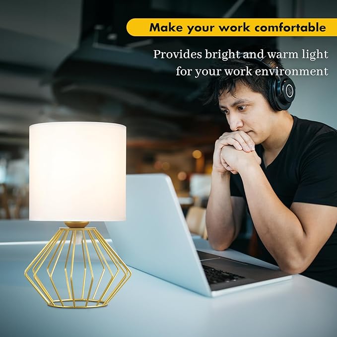 Hamilyeah Table Lamps Set of 2, Modern Bedside Lamps with White Fabric Shade, Industrial Night Stand Lamps with On/Off Switch, Gold Simple Lamp for Bedroom, Living Room