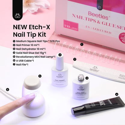 Beetles Gel Nail Kit Short Almond with Nail Dehydrator and Primer, 576Pcs Half Matte Etch-X Gel Nail Tips Solid Nail Glue Mini Nail Lamp Acrylic Nail Tips Easy DIY Nail Extension Set Gift for Women