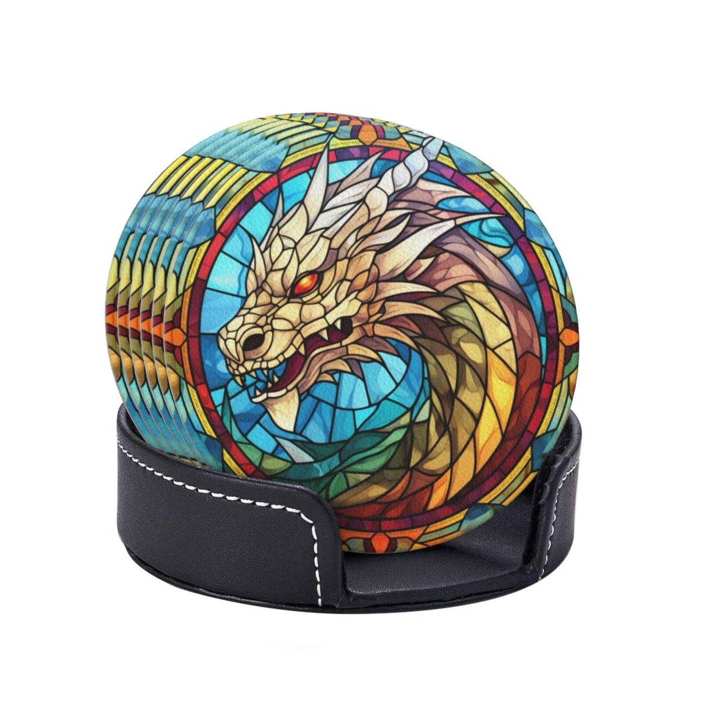 Dragon Drink Coaster Set of 6, Dragon Decor Gifts, Leather Drink Coasters with Holder, 6 Pack Cup/Bar/Drink Coasters for Table/Drinks/Coffee Protection Housewarming Gift (Dragon)