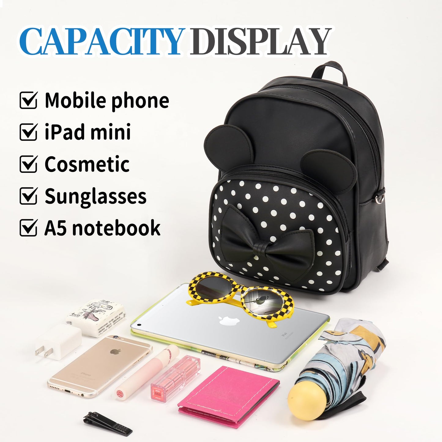 Coziyee Mini Backpack for Girls Women Cute Bowknot Polka Dot Small Mouse Backpack for Kid Toddler Purse Shoulder Bag Daypacks (Black)
