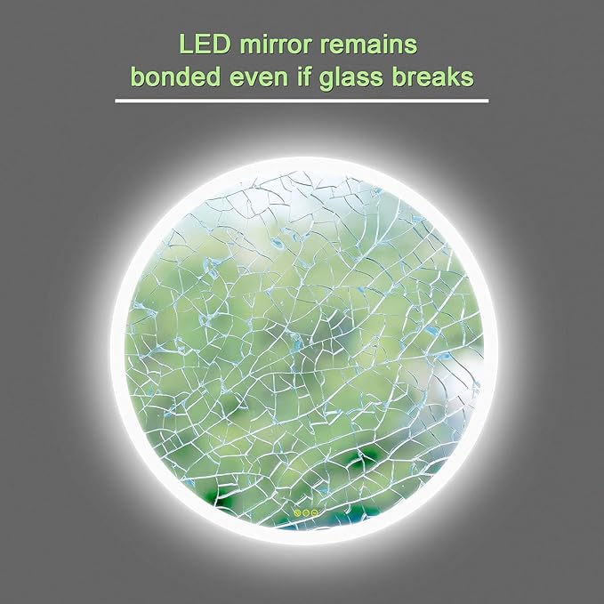 OKISS Wall-Mounted LED Round Bathroom Mirror, Makeup Mirror (28 inches x 28 inches,) 3 Color Stepless Dimmable Memory Bathroom Vanity Mirror with Lights CRI90+ 3000-6400K Smart Mirror with Touch