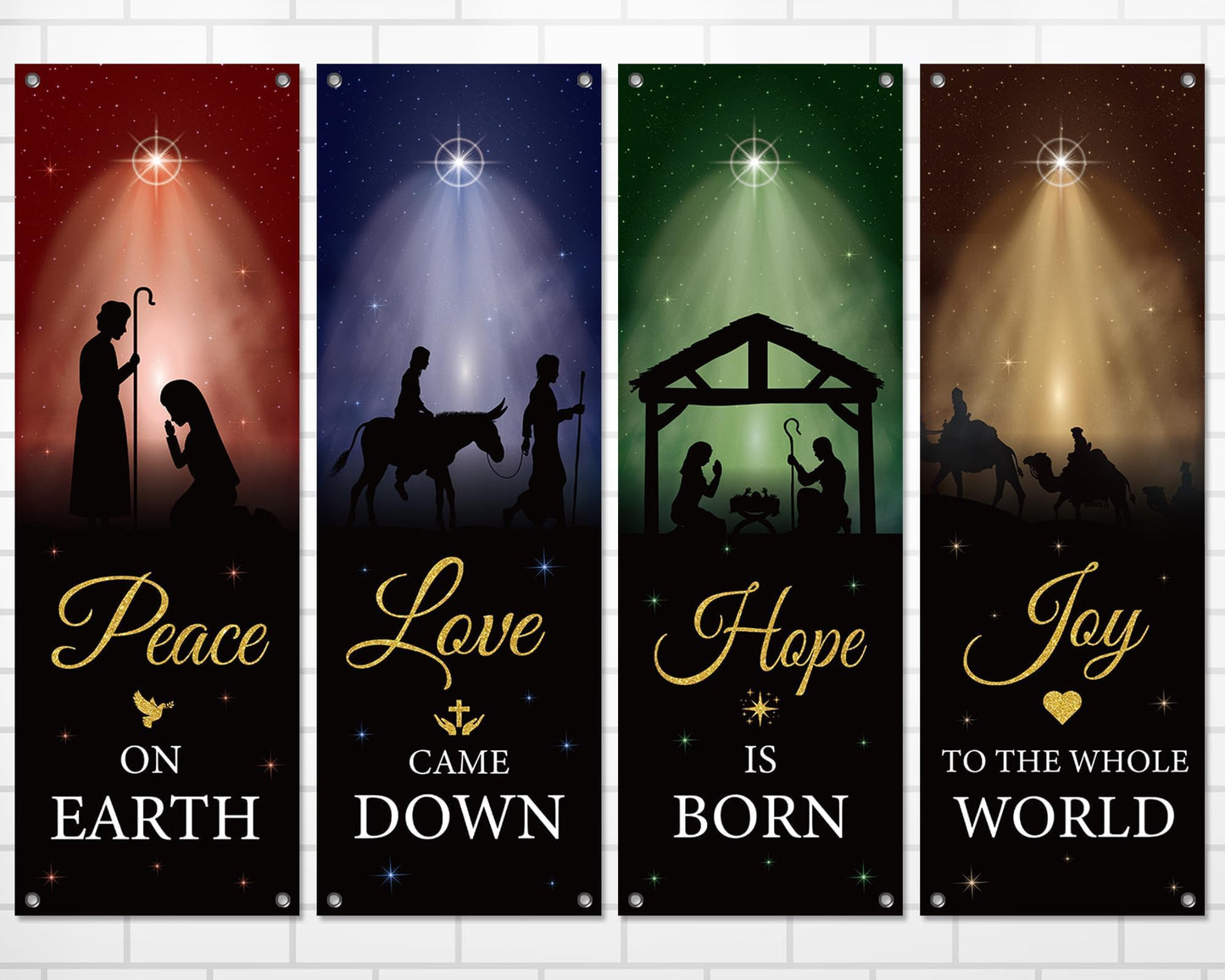 4Pcs Welcome Religious Easter Banners for Church Sanctuary Wall - Hanging Backdrop Nativity Scene Banner Scripture - Easter Porch Signs for School Nativity Decor