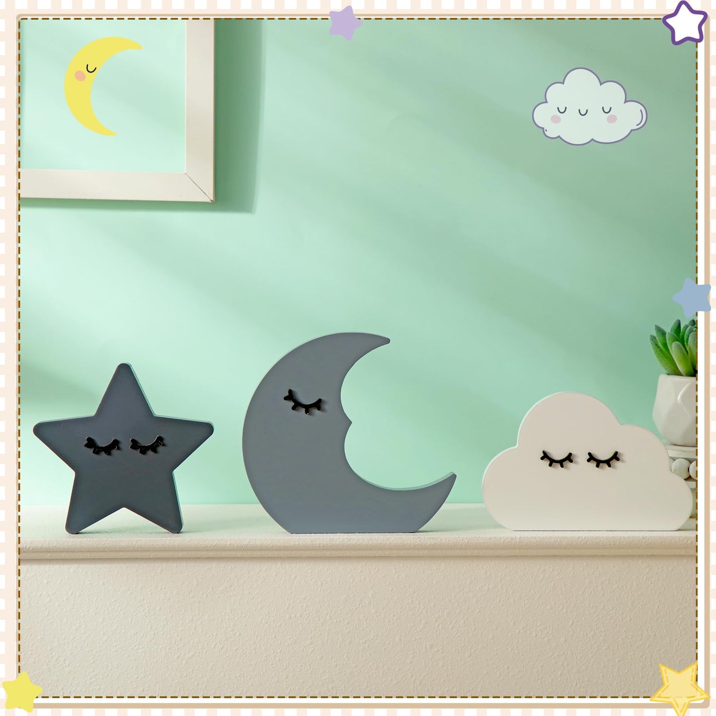 Briwooody 3 Pcs Moon Stars and Cloud Celestial Nursery Decor Bohemian Wood Nursery Shelves Decoration Wooden Nordic Boho Baby Wall Adornment for Bedroom Wedding Baby Shower Boys Girls Kids