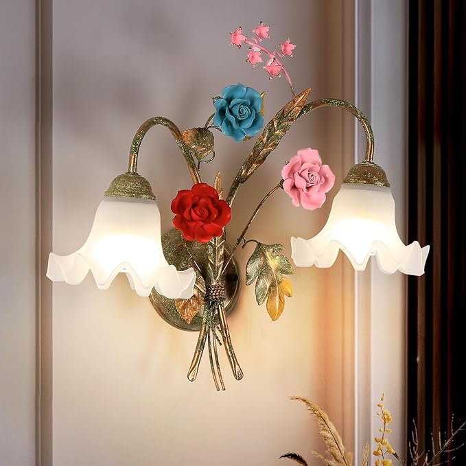 Vintage Floral Wall Sconce,Metal Wall Lamp with 2 Glass Lampshade,Mounted Wall Lamps for Bedroom Living Room Corridor Vanity Hallway E26 Wall Art Scones 48 * 42Cm