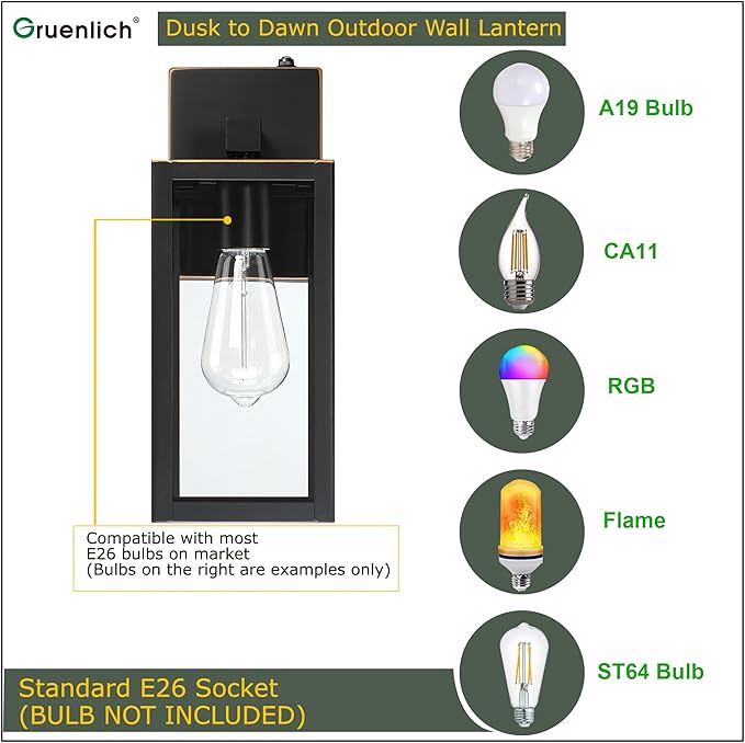 GRUENLICH Dusk to Dawn Large Outdoor Wall Lantern, Wall Sconce as Porch Lighting Fixture, E26 Base Max 60W, Metal Housing with Glass Shade (Oil Rubbed Bronze, 2-Pack)