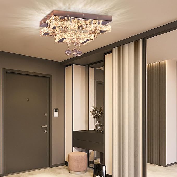 CXGLEAMING 11.8" Modern Crystal Chandelier LED Ceiling Light Fixture Suitable for Kitchen Corridor Hallway Bedroom Bathroom Dining Room 4 Petals/Raindrop Ball Square Wall Switch （Warm Light）