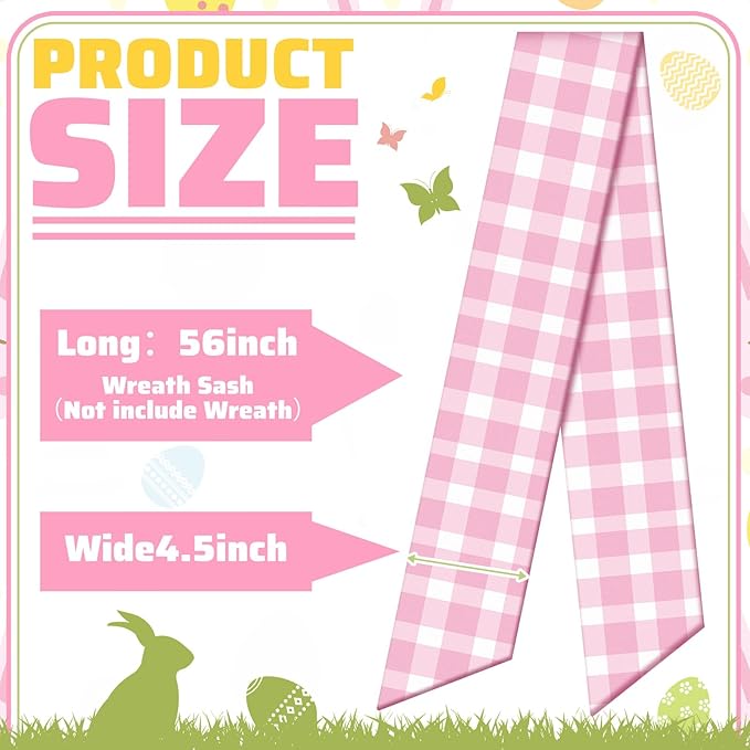 Wreath Sash for Front Door Wreath Satin Sash Blank Sashes Embroidery Monogram Yard Doorway Indoor Outdoor Wall Ribbon Bow Home Decor(Pink, White,Spring Buffalo Plaid)