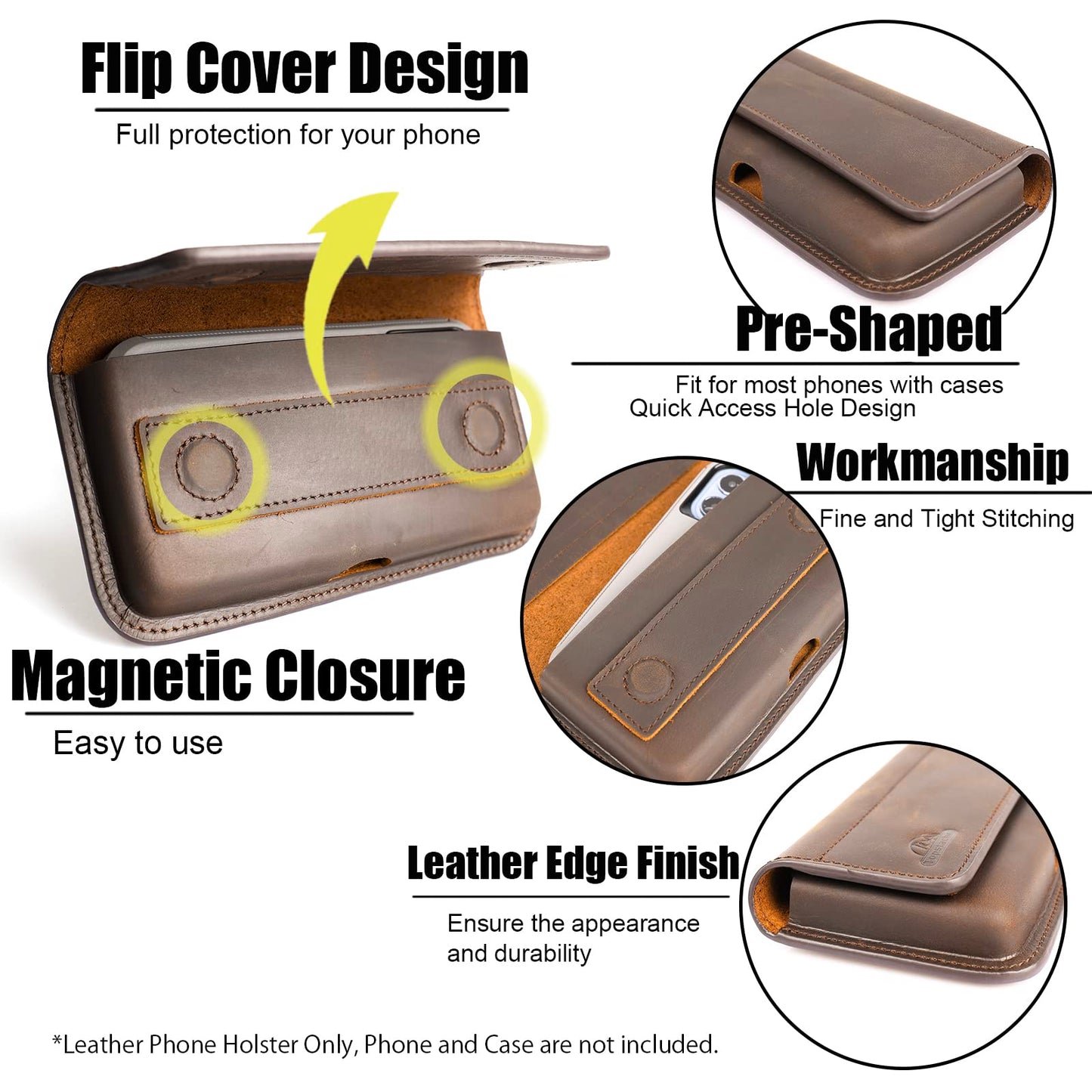Topstache Leather Phone Holster with Belt Clip for Galaxy S25/S24/S23/S22 - Magnetic Closure Leather Phone Belt Holder Pouch for iPhone 17/16/15/14/13 - Fit Protective Case on, L,Darkbrown