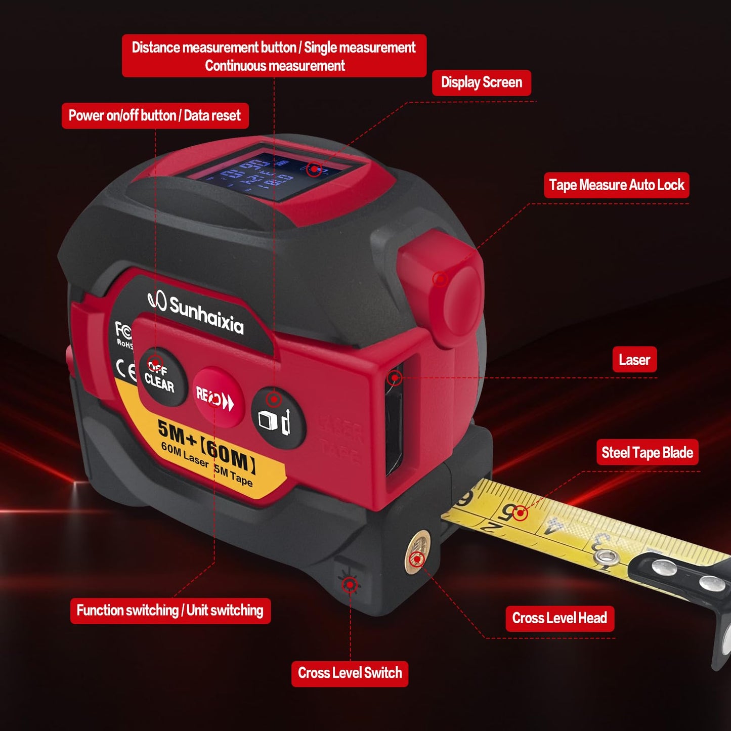 Laser Tape Measure 3 in 1 with Laser Level Crosshairs |196ft/60m Laser Distance+16ft/5m AutoLock Tape |Backlit LCD Display (Ft/Inch/M/mm) |for DIY,Construction, Interior Design (Red)