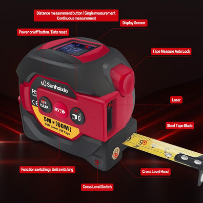 Laser Tape Measure 3 in 1 with Laser Level Crosshairs |196ft/60m Laser Distance+16ft/5m AutoLock Tape |Backlit LCD Display (Ft/Inch/M/mm) |for DIY,Construction, Interior Design (Red)