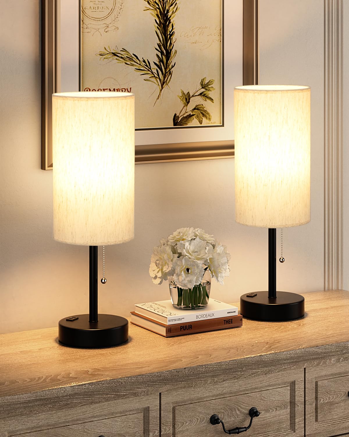 17.4" Large Bedside Table Lamps Set of 2 - 3 Color Temperatures Pull Chain Lamp with AC Outlet Charging Port, Round Night Stand Lamps for Bedroom Guest Room Office, Bed Side Light with E26 LED Bulbs