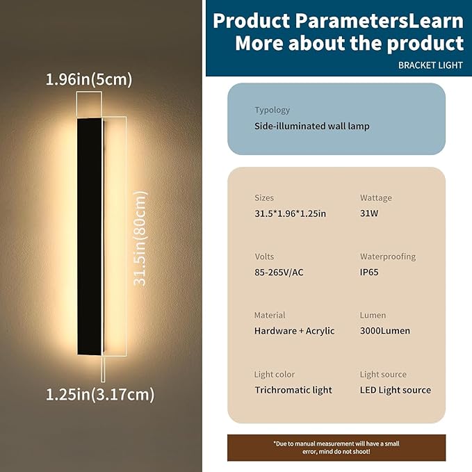 Outdoor Modern Wall Lights, 31.4inch Exterior Wall Sconces, 3 Color Lights 3000K/4500K/6000K, Black Minimalist, IP65 Waterproof, Linear Long Wall Mount Lamps for House, Patio, Garages