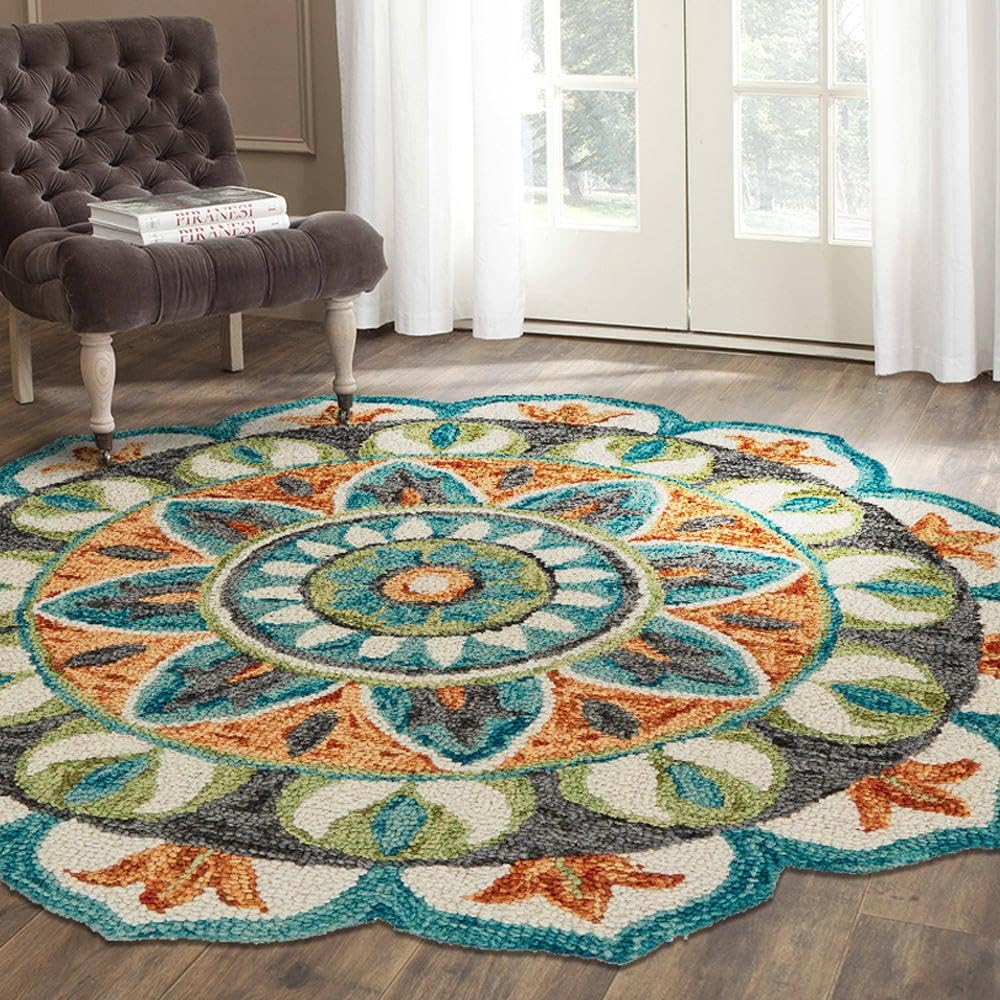 LR Home 6ft Round Indoor Wool Area Rug for Home Decor | Rugs for Living Room, Bedroom, Playroom, Entryway, Office | Hand Woven Modern Farmhouse Large Boho Area Rug for Room Decor | Rust/Teal