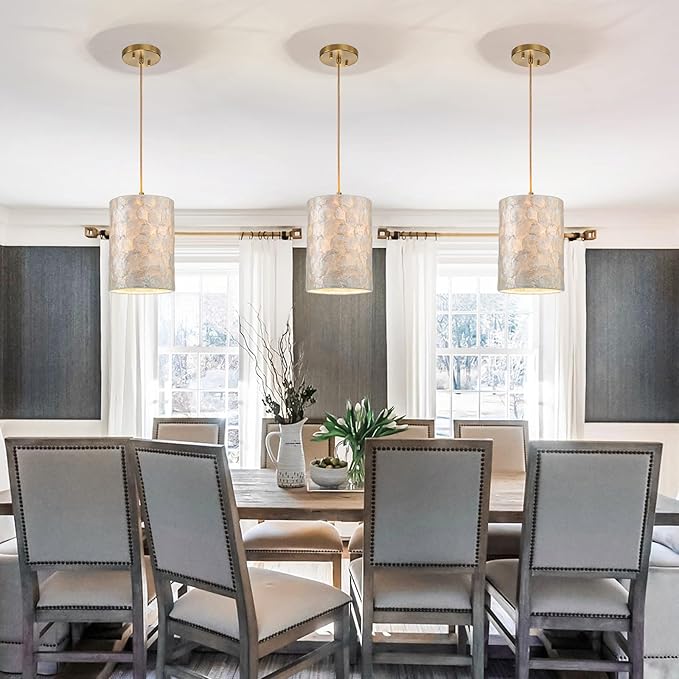 1-Lights Capiz Shell Chandelier, Coastal Design, Modern Pendant Light Fixture for Dining Room, Living Room, Kitchen Island, D7 x H18~66"(Adjustable Height), Shell Lampshade & Gold Finish Frame