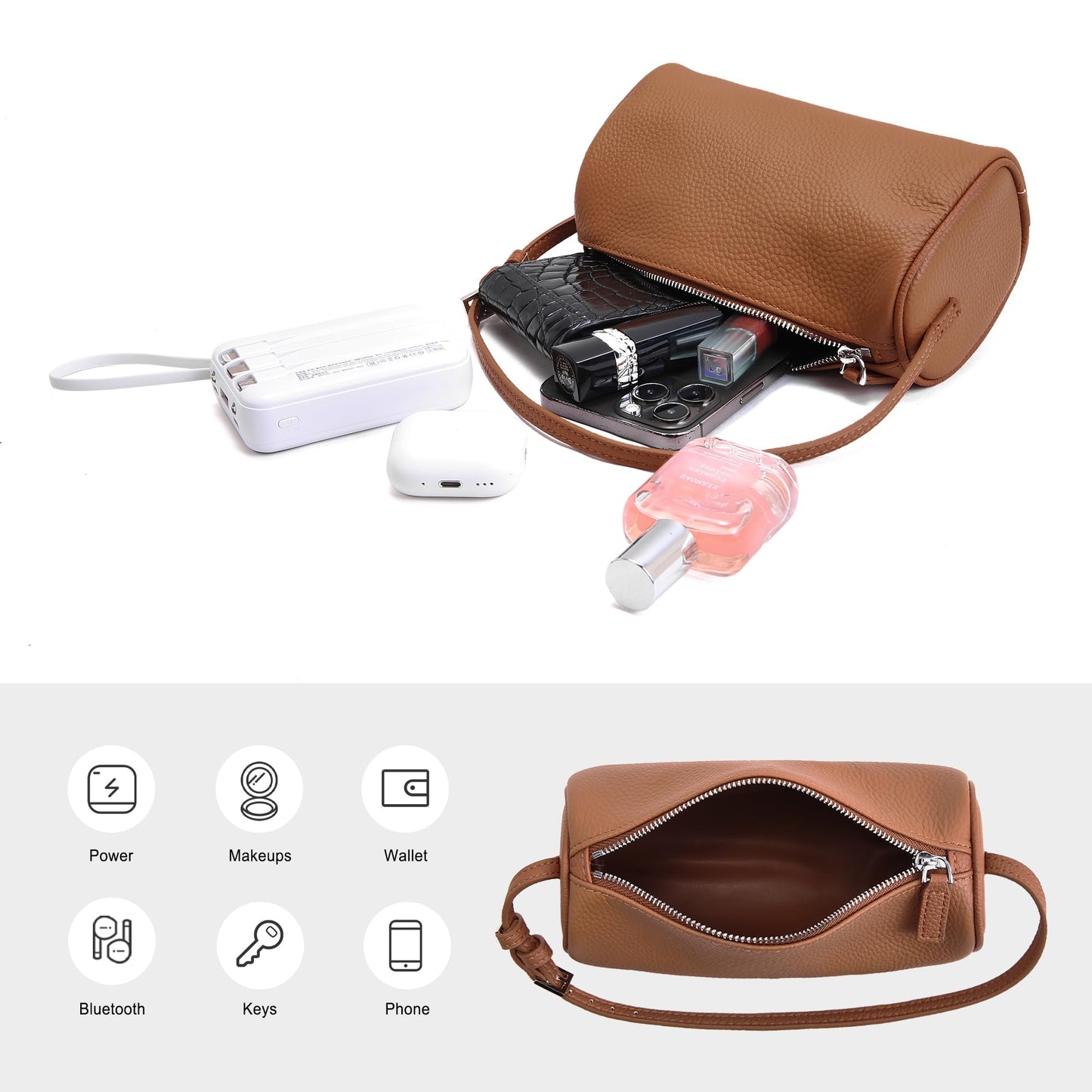 hedexe Genuine Leather Crossbody Purses for Women: Casual Small Leather Barrel Shoulder Bags - Designer Trendy Handbags for Ladies(Cocoa Brown)