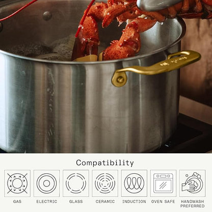 Made In Cookware - 8 Quart Stainless Steel Stock Pot With Lid (Antique Brass Handle) - 5 Ply Stainless Clad - Professional Cookware - Crafted in Italy - Induction Compatible