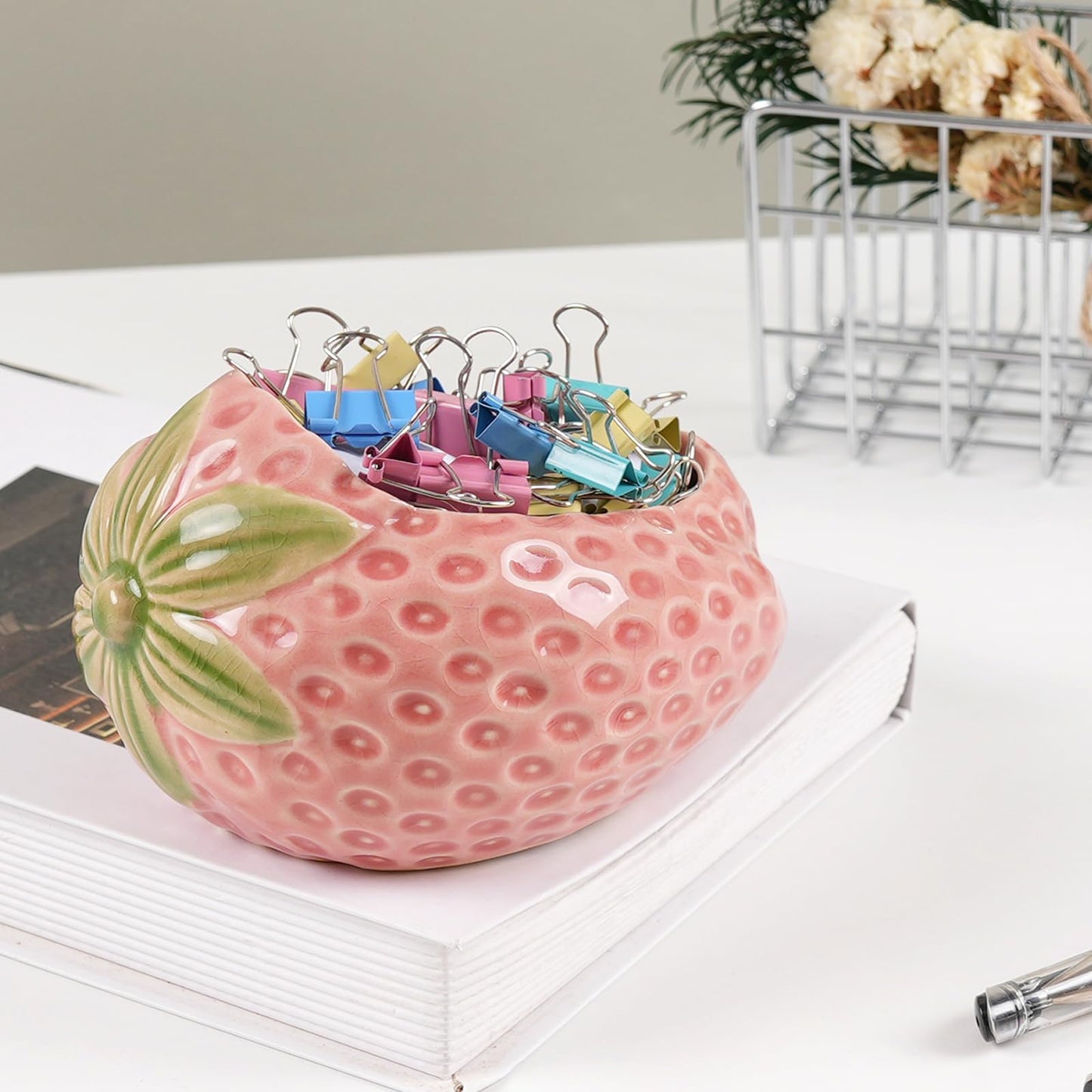 Zaposcca Ceramic Paper Clip Holder, Strawberry-Shaped Binder Clip Box Cute Office Decor Supplies for Desk Organizer (Strawberry Pink)