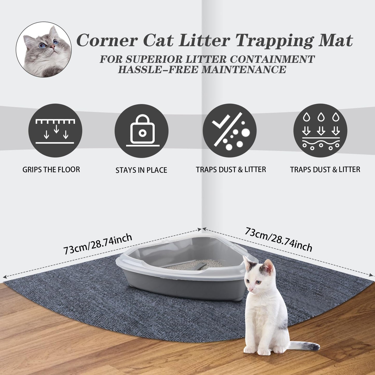 Tinideya 2 Pcs Corner Cat Litter Mat 29 Inch for Corner Machine Washable Litter Mat Ridged Design Fan Shaped Absorbent Cat Litter Rug for Box Less Waste Space(Gray)