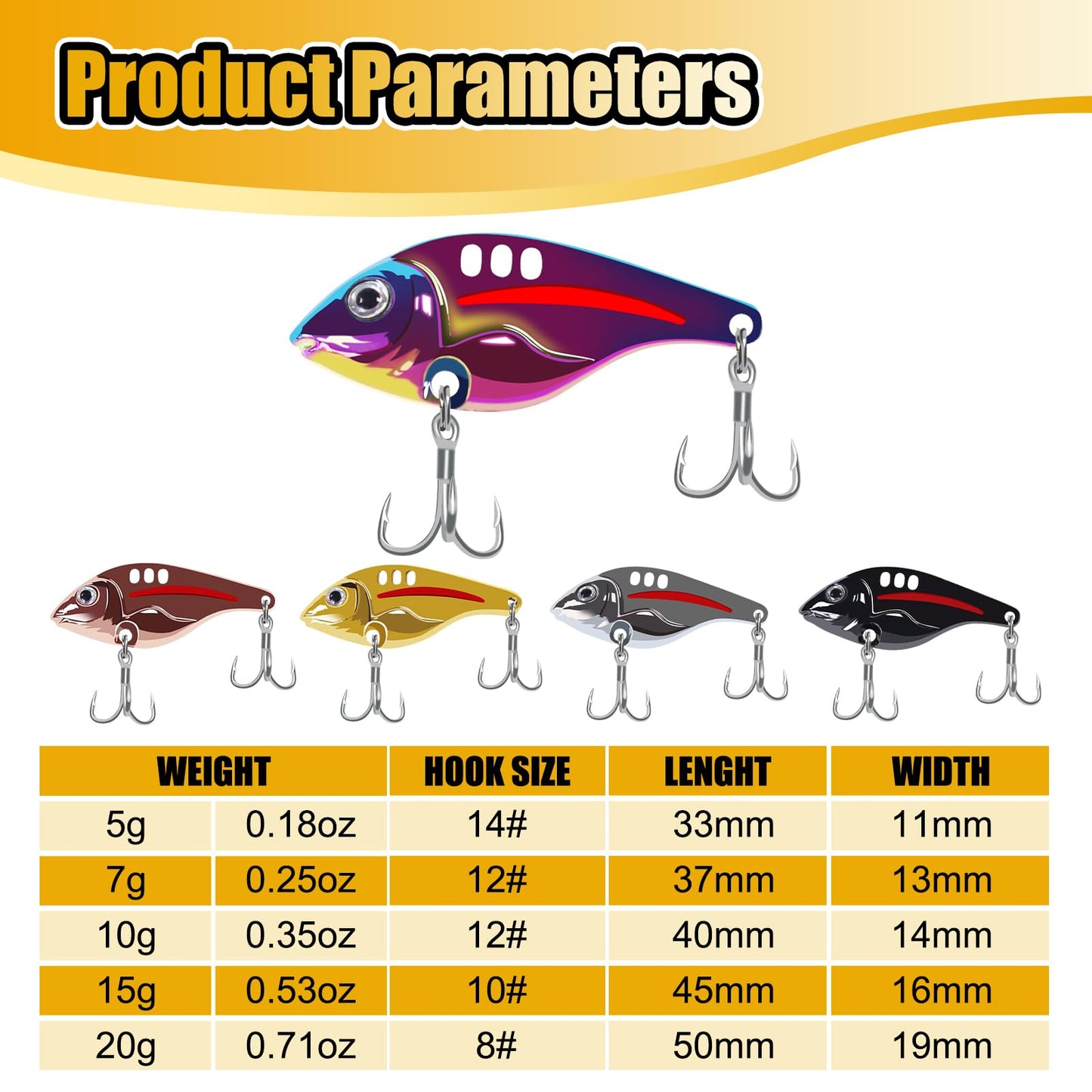 CWSDXM VIB Metal Lures Zinc Alloy Fishing Blade Spinner Bait with Treble Hooks Fishing Spoons Lures Pack of 5