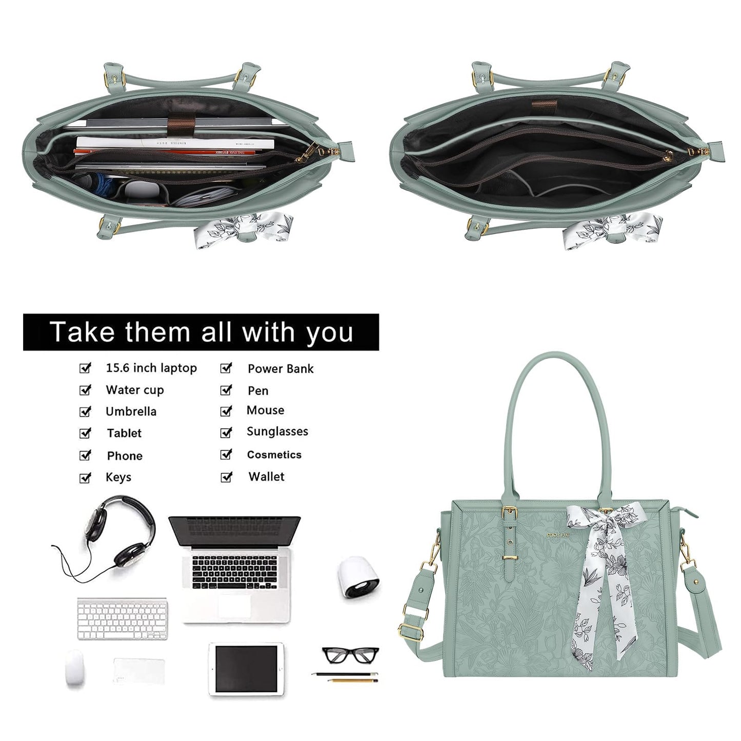 MOSISO Laptop Bag for Women, 15.6-16 inch PU Leather Tote Bag Compatible with MacBook, HP, Dell, Asus Notebook, Front Embossed Retro Hibiscus Computer Bags with Silk Scarf&Clutch Purse, Antique Green