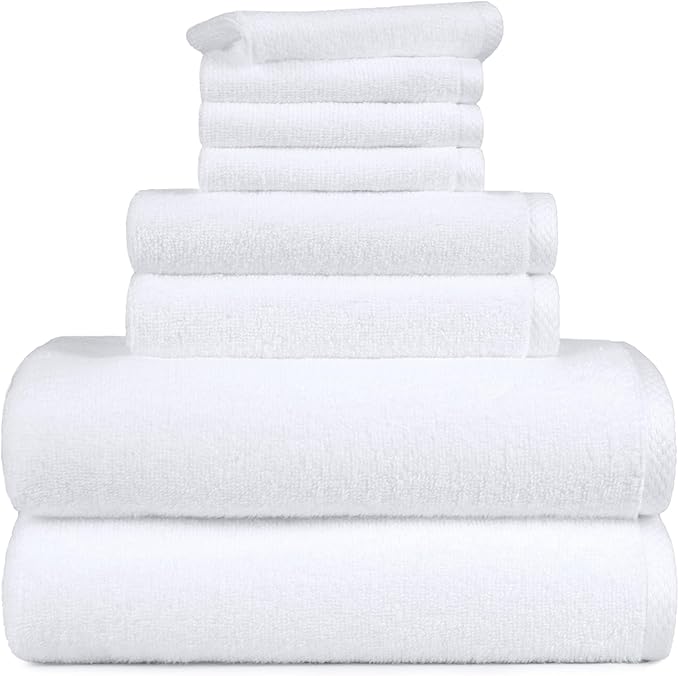 Amazon Basics 100% Cotton Soft Quick-Dry 8-Piece Towel Set, Bath Towels