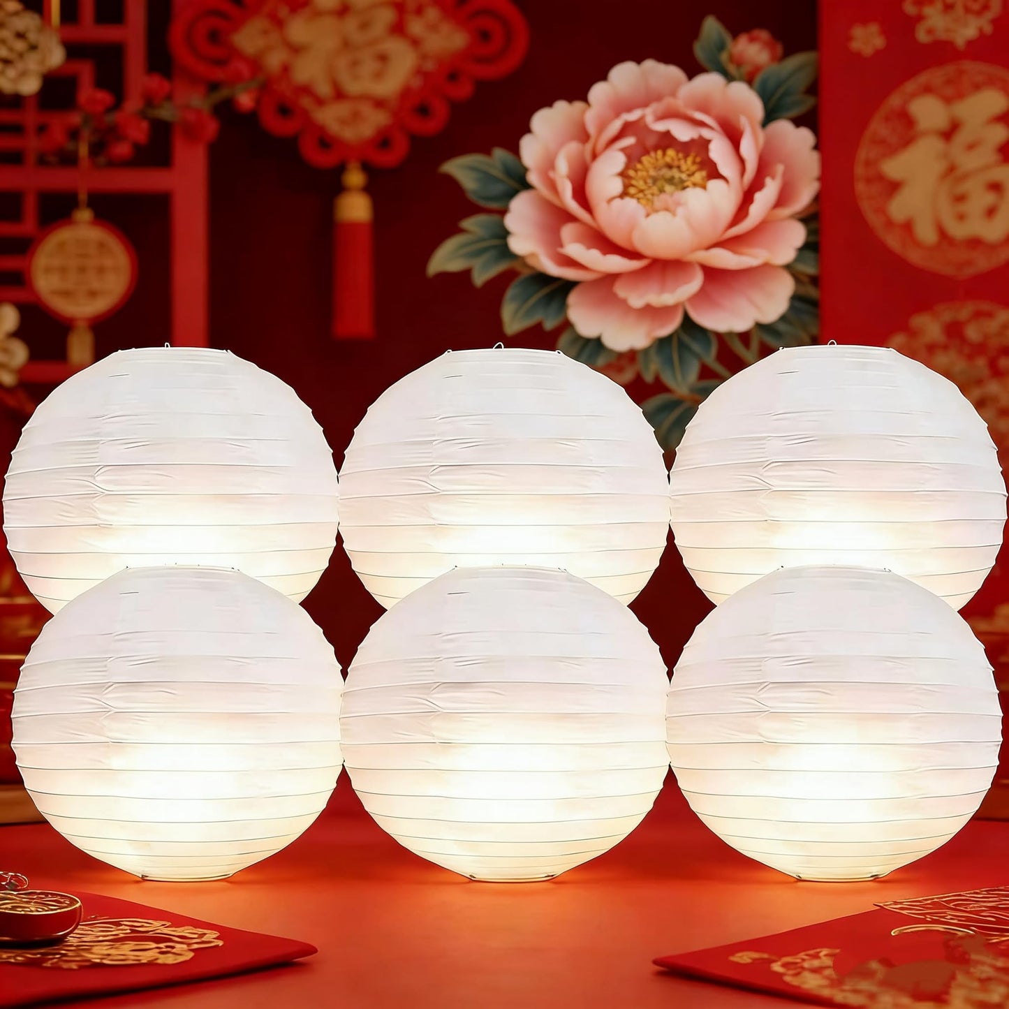 6Pcs Paper Lanterns White with LED Lights,12 in Round Lantern Hanging Paper Lanterns Lamp for Birthday, Wedding, Christmas, Bridal, Home Decor, Party Decoration