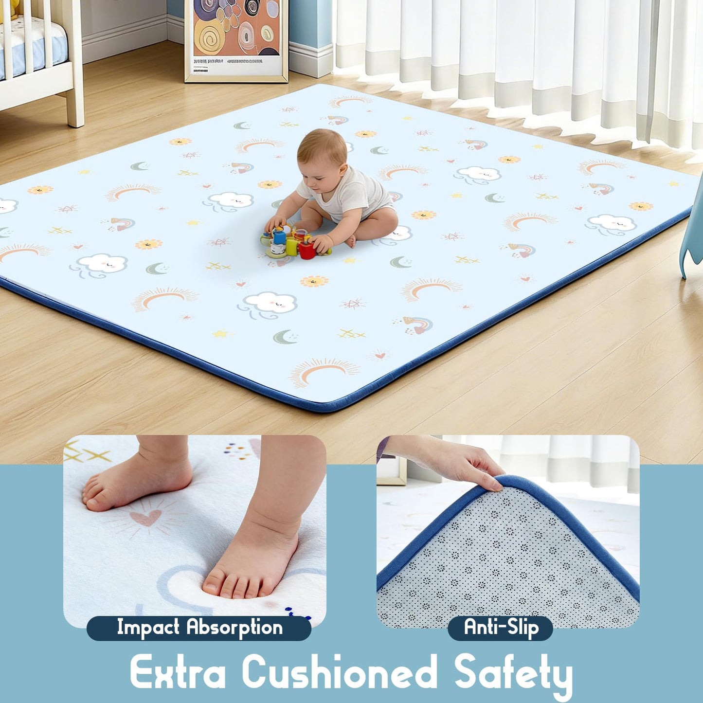 TreeBud Baby Play Mat for Floor, 1.3-Inch Thickened Foam Soft Padded Playmat for Tummy Time, 50x50 Water-Repellent Coral Velvet Playpen Mat for Toddlers Infant Kids, Sky Theme