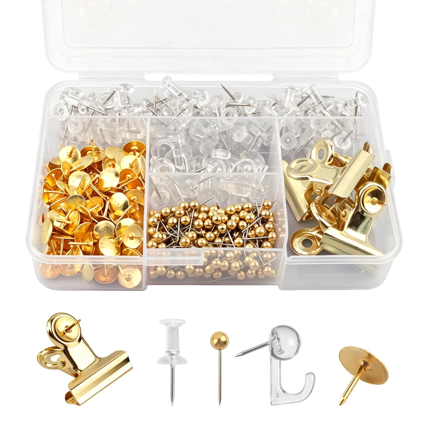 465 Pcs Gold Push Pins Set, 5 in 1 Thumb Tacks with Clips and Hooks for Cork Board, Multi‑Use Decorative Pushpins in Storage Box for Bulletin Board, Maps, Photos and Home Office